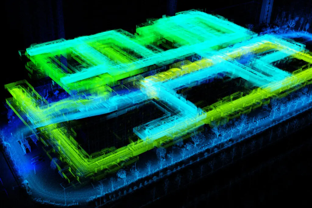 Image of a 3D Scan of a building with a GNSS device.
