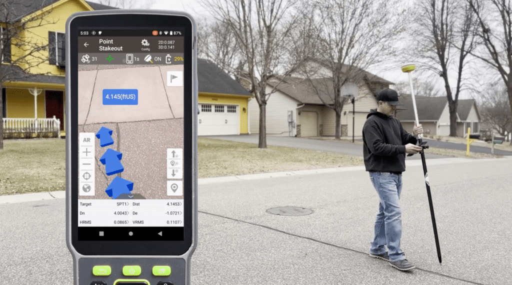 Image of a man walking with the Tersus Luka while looking at a Tersus TV80. Overlaid on the image is a screenshot of the Nuwa software open.