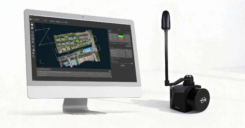 MVP 100 product next to a computer with a surveying software open.