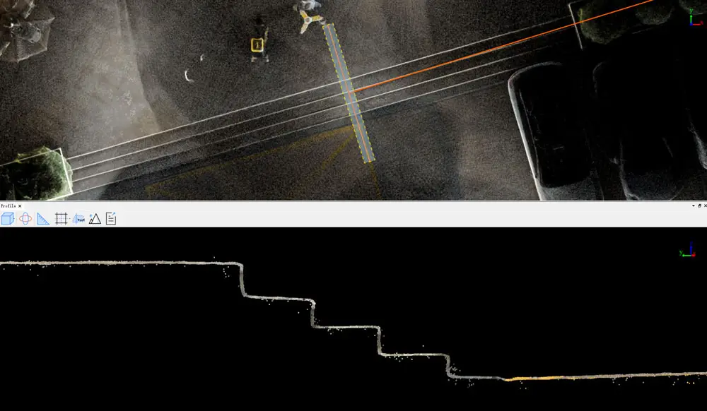 Image of an overhead view of stairs next to an outline of the stairs. Captured by a Tersus MVP S1.