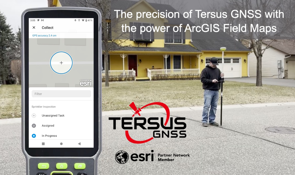 Image of a man standing in a road using the Tersus LUKA. There is a picture of a TC80 on the side showing the software being used.