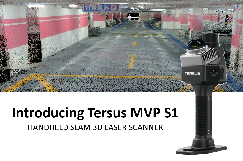 Tersus MVP S1 overlaid on a rendering of the image taken with the device. The words "Introducing Tersus MVP S1, Handheld Slam 3D Laser Scanner" can be read next to the tool.